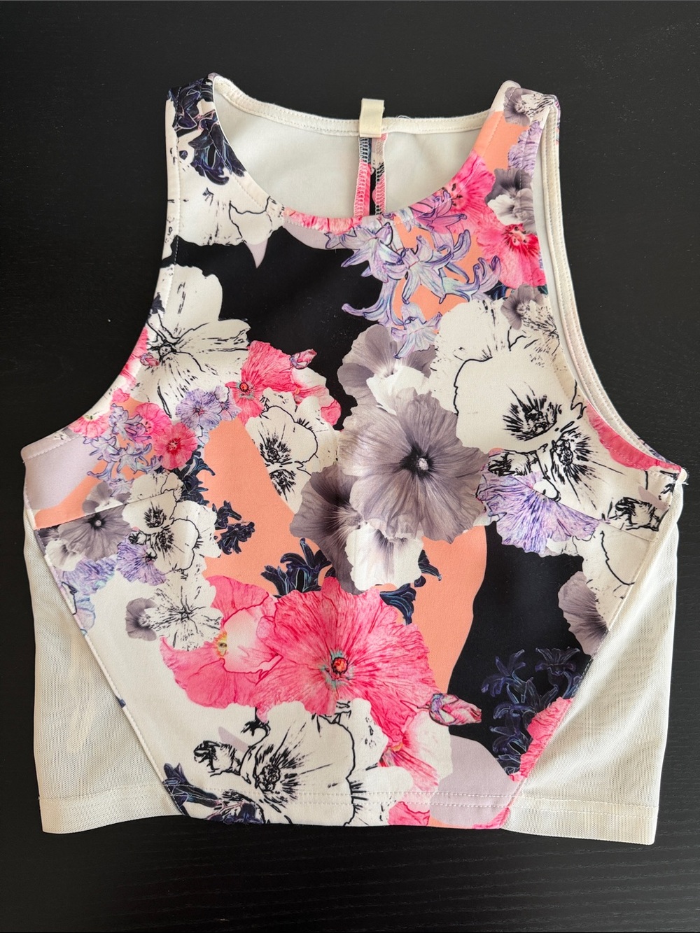 Floral High-Neck Crop Tank Top - Pink & White